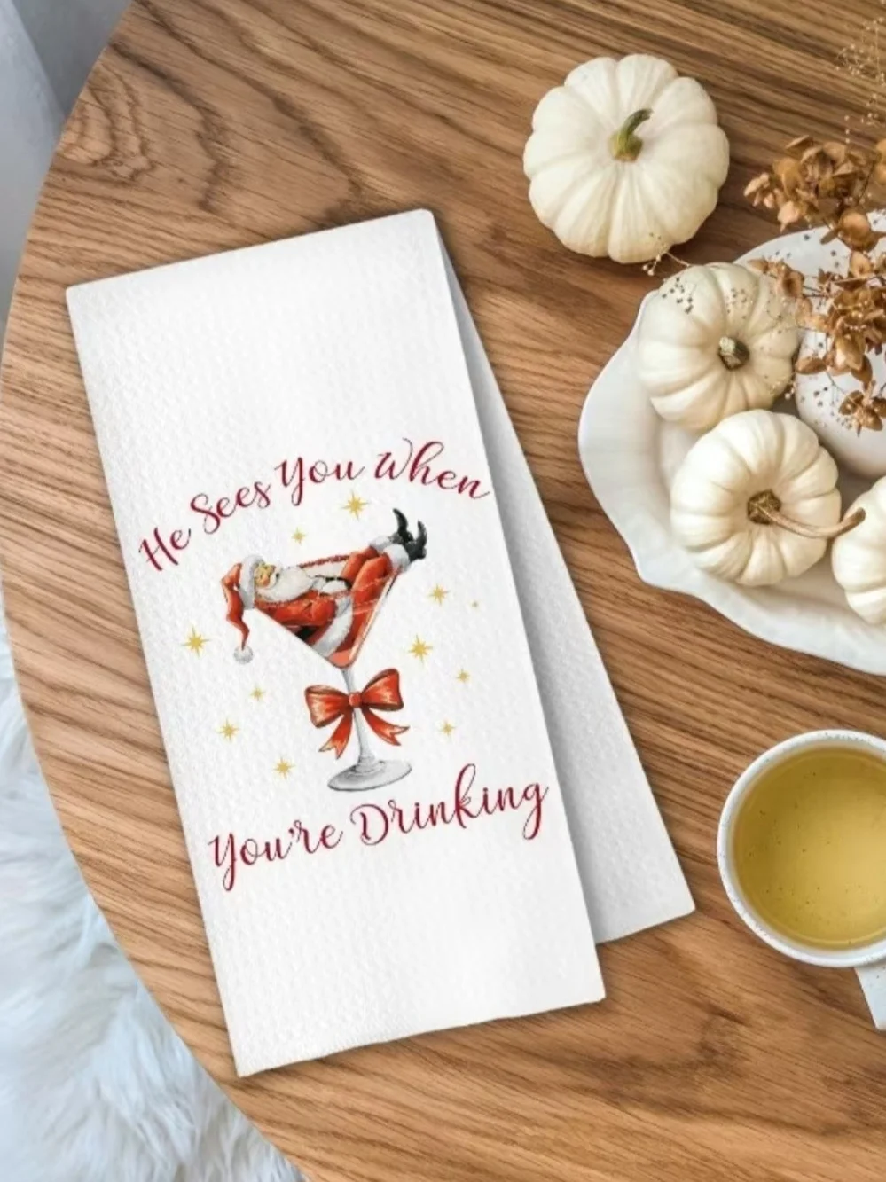Holiday Cocktail Tea Towel - 'He Sees You When You're Drinking'